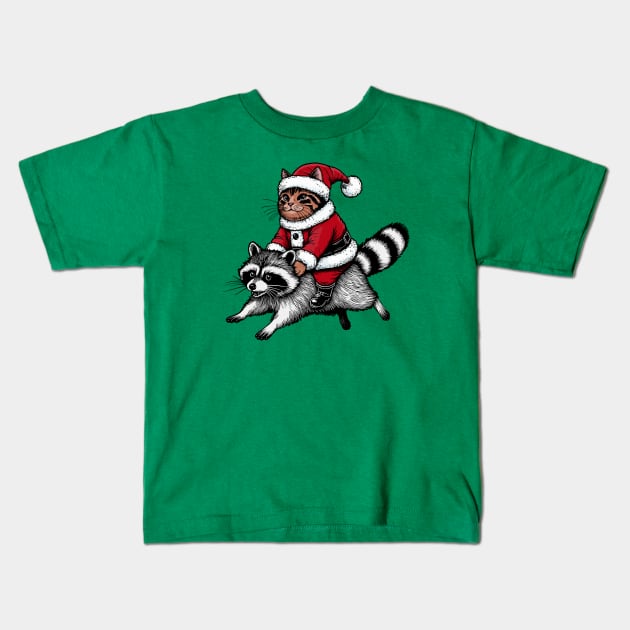Santa Cat on A Raccoon Kids T-Shirt by KilkennyCat Art
